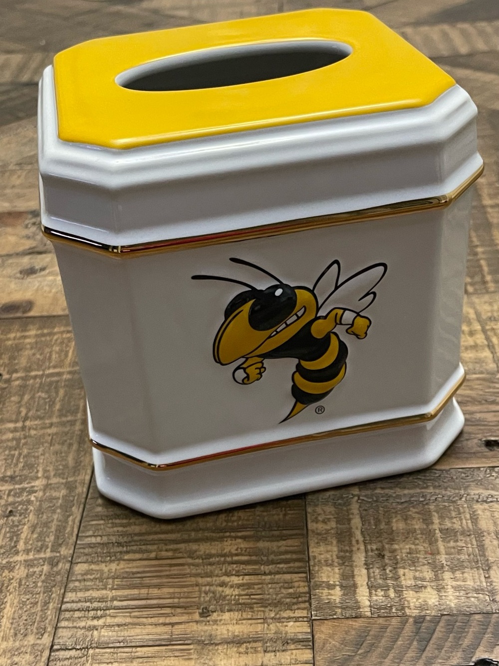 ceramic Georgia Tech Yellow Jackets tissue box cover in white with gold trim